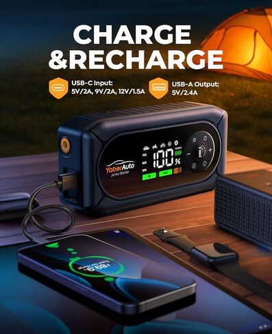 YaberAuto 4500A بطارية السيارة مع ضاغط هواء وقفازات، جهاز تشغيل السيارة المحمول مع منفاخ إطارات 150 رطل لكل بوصة مربعة، صندوق القفز 12 فولت (9 لتر غاز/8 لتر ديزل)، كابلات قافزة، شحن سريع 18 وات، ضوء 600 لومين in Kuwait