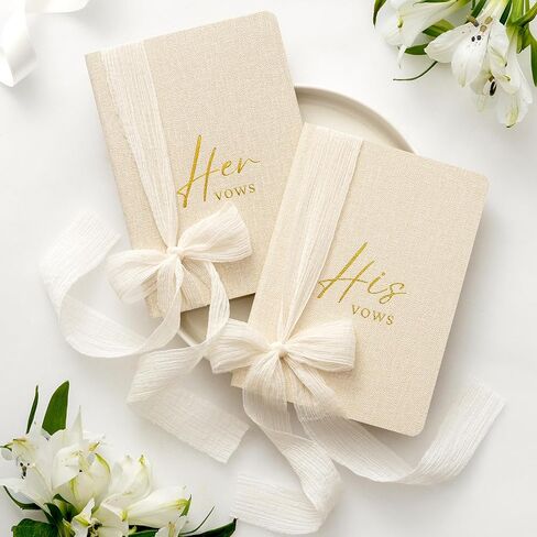 Wedding Vow Books Set of 2 - His and Her Softcover Vow Booklets for Bride and Groom, Linen Textured Fabric Cover with Ribbon, 48 Lined Pages, Vow Inspiration Guide Included, Wedding Essentials 2026 in Saudi Arabia