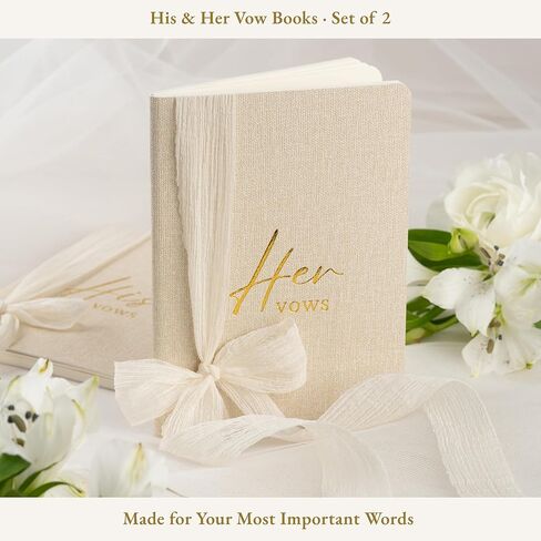 Wedding Vow Books Set of 2 - His and Her Softcover Vow Booklets for Bride and Groom, Linen Textured Fabric Cover with Ribbon, 48 Lined Pages, Vow Inspiration Guide Included, Wedding Essentials 2026 in Saudi Arabia