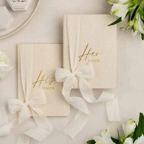Wedding Vow Books Set of 2 - His and Her Softcover Vow Booklets for Bride and Groom, Linen Textured Fabric Cover with Ribbon, 48 Lined Pages, Vow Inspiration Guide Included, Wedding Essentials 2026 in Saudi Arabia