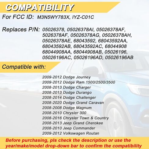 Vurkcy Key Fob Replacement for 2009-2012 Dodge Ram 1500/2500/3500 Journey/ 08-13 Charger Durango Grand Cherokee/ 08-16 Chrysler Town Country Car Keyless Entry Remote Control, M3N5WY783X, 3-Btn in Kuwait