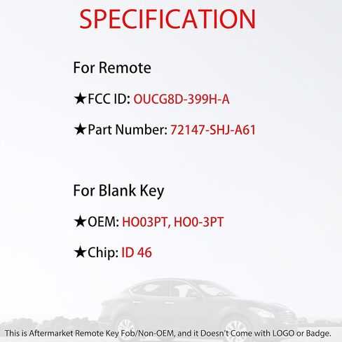 طقم استبدال مفتاح MechanMagic يناسب Honda Odyssey 2005 2006 2007 2008 2009 2010 جهاز التحكم عن بعد مع مفتاح إشعال جهاز الإرسال والاستقبال غير المقطوع (HO03PT) معرف لجنة الاتصالات الفيدرالية: OUCG8D-399H-A 6 أزرار in Kuwait