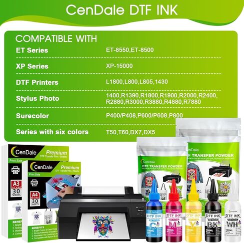 CenDale DTF Ink 600ML - Upgraded 3.0-5.0 cP Viscosity DTF Transfer Ink for Epson ET-8550 XP-15000 L1800 L805 R1390 R2400 1430 DTF Printers, Heat Transfer Printing to DTF Film, No Sediment in Saudi Arabia