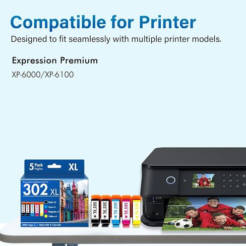 Remanufactured Replacement for 302XL XP-6100 Ink Cartridges Multipack for Epson Printer Expression Premium XP6100 XP-6000 XP 6100 6000 5 Pack (Photo Black/B/C/M/Y) in Saudi Arabia