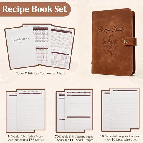 Dahey Blank Recipe Book Binder to Write in Your Own Recipes, Leather Family Recipe Journal Notebook with Long and Short Pages Empty Cookbook to Fill in 150 Recipes for Men Cooking Lover, Brown in Kuwait