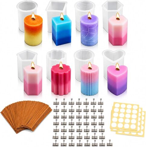 Candle Making Kit, 8PCS 2mm Thickened Silicone Candle Molds & 50 Sets Cherry Wood Wicks - Crackling Wooden Wicks with Metal Stands for Pillar, Votive - Includes 60 Glue Dots in Saudi Arabia
