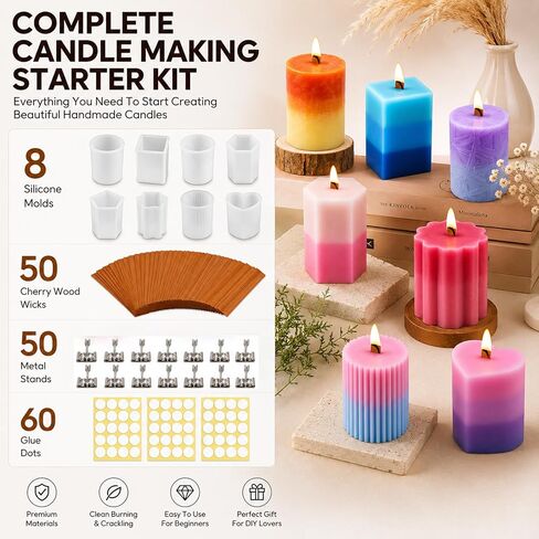 Candle Making Kit, 8PCS 2mm Thickened Silicone Candle Molds & 50 Sets Cherry Wood Wicks - Crackling Wooden Wicks with Metal Stands for Pillar, Votive - Includes 60 Glue Dots in Saudi Arabia