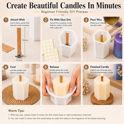 Candle Making Kit, 8PCS 2mm Thickened Silicone Candle Molds & 50 Sets Cherry Wood Wicks - Crackling Wooden Wicks with Metal Stands for Pillar, Votive - Includes 60 Glue Dots in Saudi Arabia