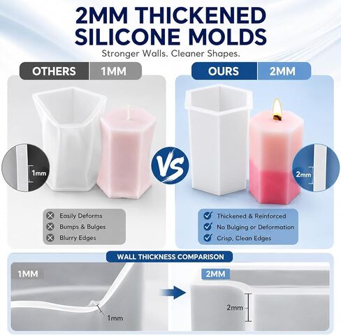 Candle Making Kit, 8PCS 2mm Thickened Silicone Candle Molds & 50 Sets Cherry Wood Wicks - Crackling Wooden Wicks with Metal Stands for Pillar, Votive - Includes 60 Glue Dots in Saudi Arabia