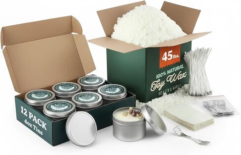 Hearth & Harbor 30 lbs. Soy Candle Wax with Supplies, 4 oz. 12 Pack Tin Jars with Lids, Cotton Candle Wicks, Wick Stickers and Centering Devices - Soy Wax Flakes with Containers for Candle Making in Saudi Arabia