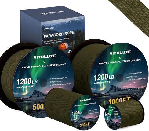 1200lb Paracord Rope, 4.4mm 15 Triple Strands Paracord, Heavy Duty Tactical Parachute Cord for Survival Gear, Camping, Hiking, and Ideal for Bracelets, Lanyards, Type III in Kuwait