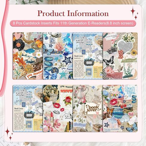 Rngmsi Insert Cardstock for Clear Case - 8Pcs Vintage Aesthetic Cardstock Inserts Compatible with Kindle Paperwhite 11th-12th, 6.9"X4.8" Bookish Papers for E-Reader Clear Back Cover, Book Lover Gifts in Kuwait
