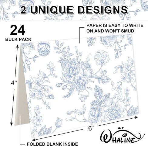 Whaline 24 Pack Blue and White Floral Cards Greeting Cards with Envelopes Stickers Ribbon Chinoiserie Blue Flower Blank Note Card for Wedding Bridal Shower Baby Shower Birthday, 4 x 6 Inch in Kuwait