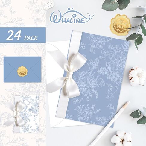 Whaline 24 Pack Blue and White Floral Cards Greeting Cards with Envelopes Stickers Ribbon Chinoiserie Blue Flower Blank Note Card for Wedding Bridal Shower Baby Shower Birthday, 4 x 6 Inch in Kuwait