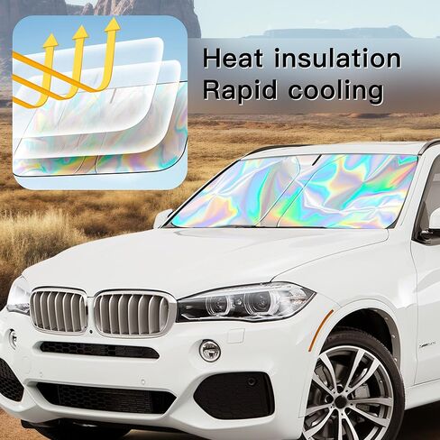 Car Windshield Sun Shade Foldable, 57.09 * 31.5" Upgraded 210T Radium Titanium Silver Windshield Cover with Storage Pouch for Automotive Interior Protection, Universal Car Sun Shade in Kuwait