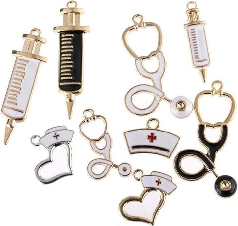 BWESOO 9Pcs Nurse Theme Charms Pendant Gold Plated Enamel Pendant Stethoscope Syringe Nurse Cap Hat Charms for Jewelry Making Crafting Findings Accessory Beading and Jewelry Making in Kuwait