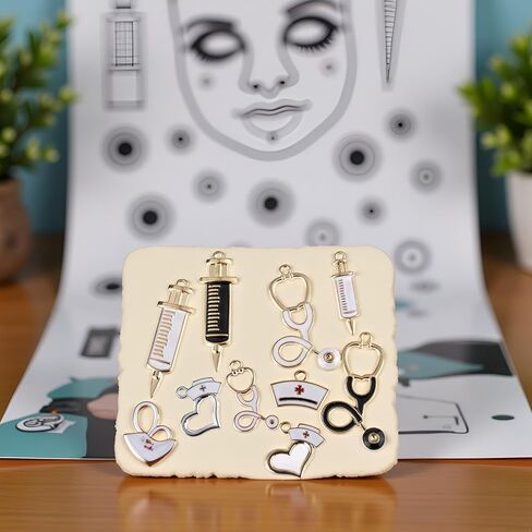 BWESOO 9Pcs Nurse Theme Charms Pendant Gold Plated Enamel Pendant Stethoscope Syringe Nurse Cap Hat Charms for Jewelry Making Crafting Findings Accessory Beading and Jewelry Making in Kuwait