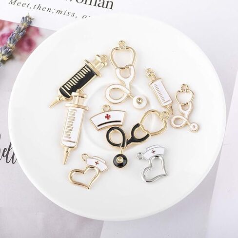 BWESOO 9Pcs Nurse Theme Charms Pendant Gold Plated Enamel Pendant Stethoscope Syringe Nurse Cap Hat Charms for Jewelry Making Crafting Findings Accessory Beading and Jewelry Making in Kuwait