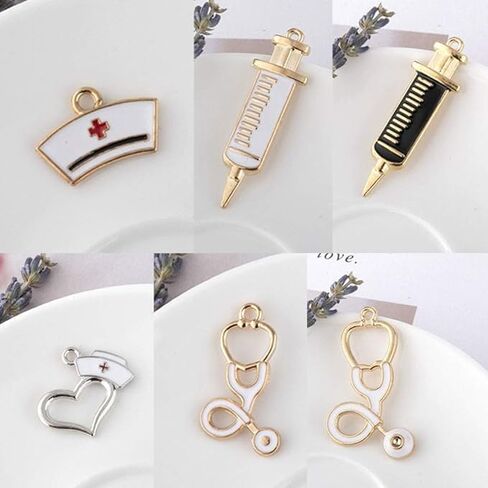 BWESOO 9Pcs Nurse Theme Charms Pendant Gold Plated Enamel Pendant Stethoscope Syringe Nurse Cap Hat Charms for Jewelry Making Crafting Findings Accessory Beading and Jewelry Making in Kuwait