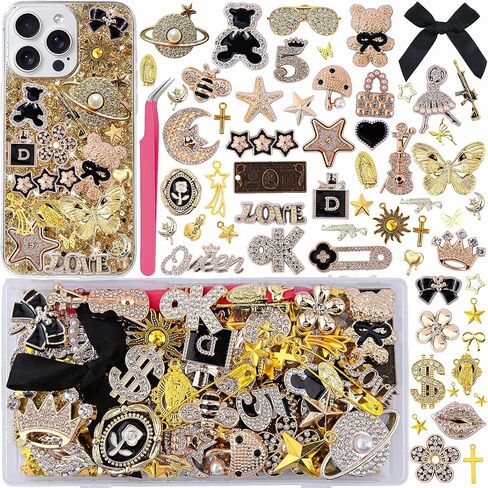 Junk Case Charms Kit, Y2K DIY Phone Case Decorations with Assortment of Large Charms, Sparkly Flatback Rhinestones, Pearls, Holographic Stars & Glitter for Cute Aesthetic Personalization in Saudi Arabia
