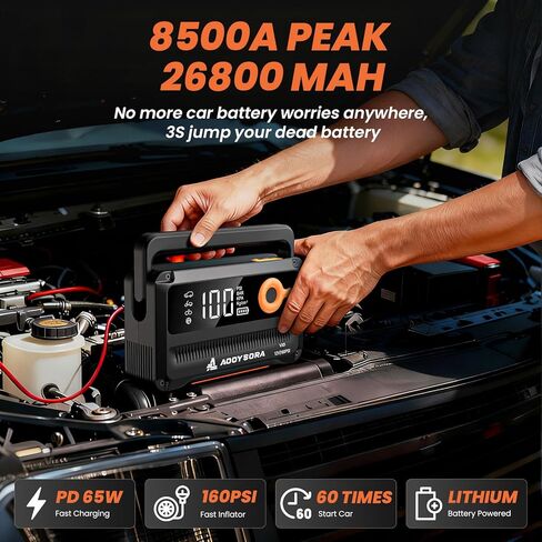 2026 Upgraded 16-in-1 Jump Starter with Air Compressor 8500A 160PSI 65W Charging, Portable Car Battery Jump Starter (All Gas/12L Diesel) Jump Box with Auto-Shutoff Tire Inflator, Smart Jumper Cables in Saudi Arabia