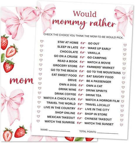 Strawberry Bow Baby Shower Game Cards, Would Mommy Rather Berry Sweet Baby Shower Games Ideas for Girl, Gender Neutral Party Supplies /30 Cards-baby04 in Saudi Arabia