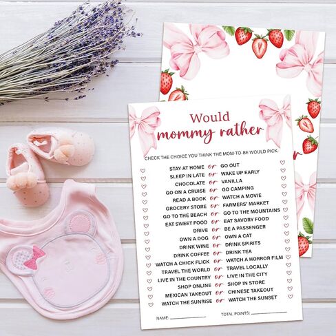 Strawberry Bow Baby Shower Game Cards, Would Mommy Rather Berry Sweet Baby Shower Games Ideas for Girl, Gender Neutral Party Supplies /30 Cards-baby04 in Saudi Arabia