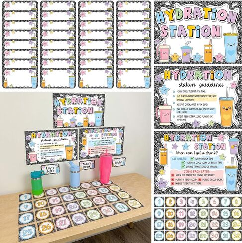 Frienda 67 Pcs Classroom Water Station Decor Set, Hydration Station Posters with Name and Number Stickers, Self-Adhesive Cup Organization Kit for Preschool Elementary School, Back to School Supplies in Kuwait