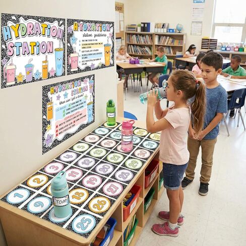 Frienda 67 Pcs Classroom Water Station Decor Set, Hydration Station Posters with Name and Number Stickers, Self-Adhesive Cup Organization Kit for Preschool Elementary School, Back to School Supplies in Kuwait