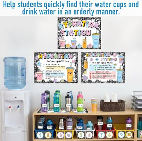 Frienda 67 Pcs Classroom Water Station Decor Set, Hydration Station Posters with Name and Number Stickers, Self-Adhesive Cup Organization Kit for Preschool Elementary School, Back to School Supplies in Kuwait