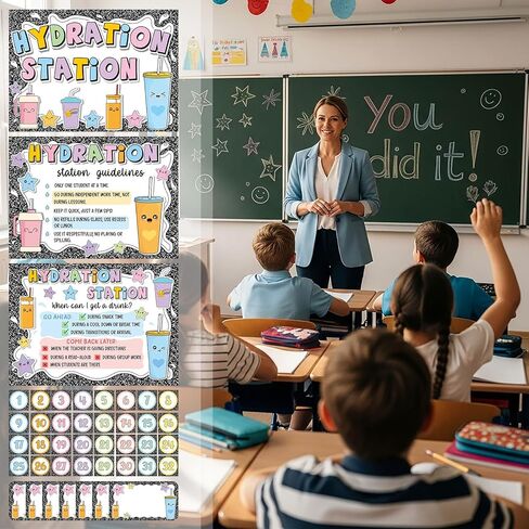 Frienda 67 Pcs Classroom Water Station Decor Set, Hydration Station Posters with Name and Number Stickers, Self-Adhesive Cup Organization Kit for Preschool Elementary School, Back to School Supplies in Kuwait