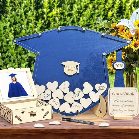 OurWarm Graduation Guest Book Alternative, Class of 2026 Graduation Decor Wooden Guest Book Alternatives, Blue Graduation Caps Decoration with 60 Hearts, Graduation Decoration for College High School in Kuwait