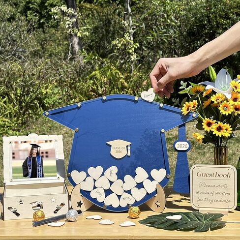 OurWarm Graduation Guest Book Alternative, Class of 2026 Graduation Decor Wooden Guest Book Alternatives, Blue Graduation Caps Decoration with 60 Hearts, Graduation Decoration for College High School in Kuwait