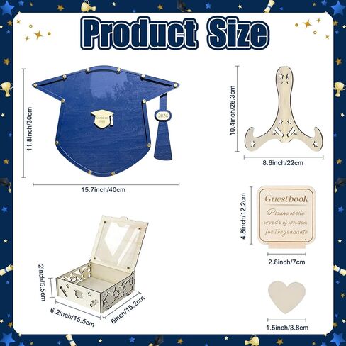 OurWarm Graduation Guest Book Alternative, Class of 2026 Graduation Decor Wooden Guest Book Alternatives, Blue Graduation Caps Decoration with 60 Hearts, Graduation Decoration for College High School in Kuwait
