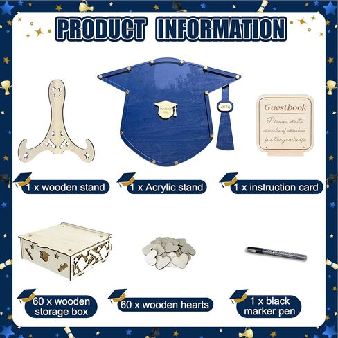 OurWarm Graduation Guest Book Alternative, Class of 2026 Graduation Decor Wooden Guest Book Alternatives, Blue Graduation Caps Decoration with 60 Hearts, Graduation Decoration for College High School in Kuwait