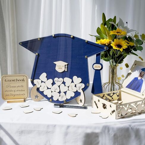 OurWarm Graduation Guest Book Alternative, Class of 2026 Graduation Decor Wooden Guest Book Alternatives, Blue Graduation Caps Decoration with 60 Hearts, Graduation Decoration for College High School in Kuwait