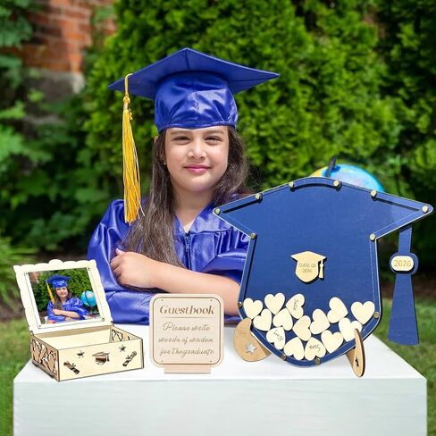 OurWarm Graduation Guest Book Alternative, Class of 2026 Graduation Decor Wooden Guest Book Alternatives, Blue Graduation Caps Decoration with 60 Hearts, Graduation Decoration for College High School in Kuwait