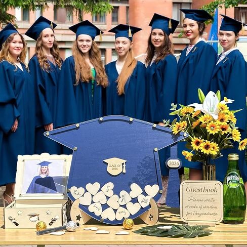 OurWarm Graduation Guest Book Alternative, Class of 2026 Graduation Decor Wooden Guest Book Alternatives, Blue Graduation Caps Decoration with 60 Hearts, Graduation Decoration for College High School in Kuwait