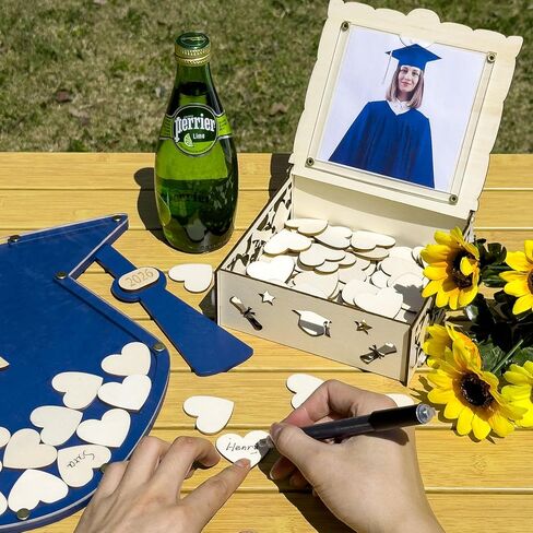 OurWarm Graduation Guest Book Alternative, Class of 2026 Graduation Decor Wooden Guest Book Alternatives, Blue Graduation Caps Decoration with 60 Hearts, Graduation Decoration for College High School in Kuwait