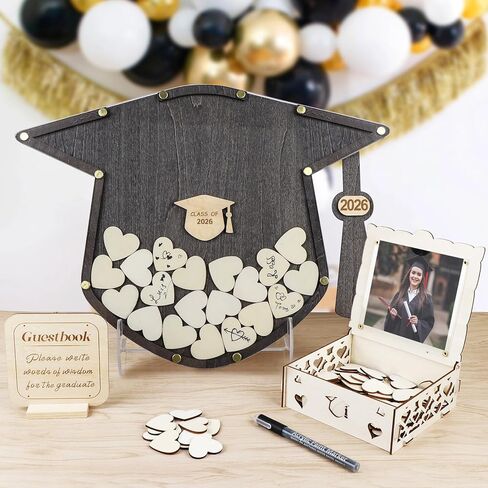 OurWarm Graduation Guest Book Alternative, Class of 2026 Graduation Decor Wooden Guest Book Alternatives, Blue Graduation Caps Decoration with 60 Hearts, Graduation Decoration for College High School in Kuwait