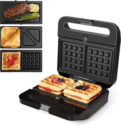 Sunvivi Pro Waffle Maker with Removable Non-stick Plates, Electric Sandwich Maker 3 in 1 Panini Press Grill, with Glass Top, Cool Touch Handle & Easy to Clean, 850W in Kuwait
