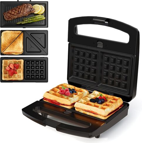 Sunvivi Pro Waffle Maker with Removable Non-stick Plates, Electric Sandwich Maker 3 in 1 Panini Press Grill, with Glass Top, Cool Touch Handle & Easy to Clean, 850W in Kuwait