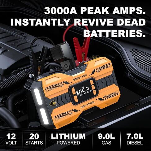 Nuynix Jump Starter with Air Compressor, 3000A Portable Car Battery Booster (Up to 9.0L Gas/7.0L Diesel) with 150PSI Auto-Shutoff Tire Inflator, 12V Lithium Jump Box, LED Display & Jumper Cables in Saudi Arabia