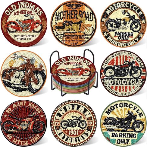 Mandun 8 Pcs Motorcycle Diamond Art Painting Coaster Kit, Diamond Painting Coasters with Holder, Motorcycle Dot Art for Adults Crafts Cup Mat House Warming Gifts Non-Slip in Saudi Arabia