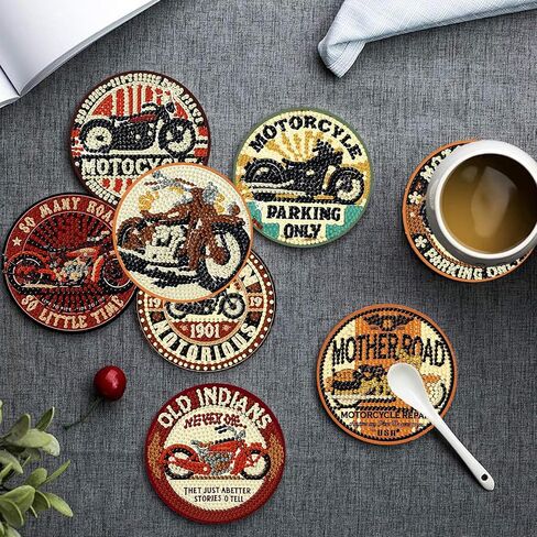 Mandun 8 Pcs Motorcycle Diamond Art Painting Coaster Kit, Diamond Painting Coasters with Holder, Motorcycle Dot Art for Adults Crafts Cup Mat House Warming Gifts Non-Slip in Saudi Arabia