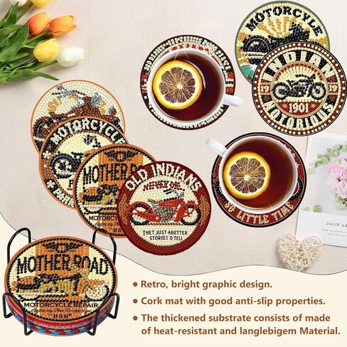 Mandun 8 Pcs Motorcycle Diamond Art Painting Coaster Kit, Diamond Painting Coasters with Holder, Motorcycle Dot Art for Adults Crafts Cup Mat House Warming Gifts Non-Slip in Saudi Arabia