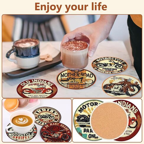 Mandun 8 Pcs Motorcycle Diamond Art Painting Coaster Kit, Diamond Painting Coasters with Holder, Motorcycle Dot Art for Adults Crafts Cup Mat House Warming Gifts Non-Slip in Saudi Arabia
