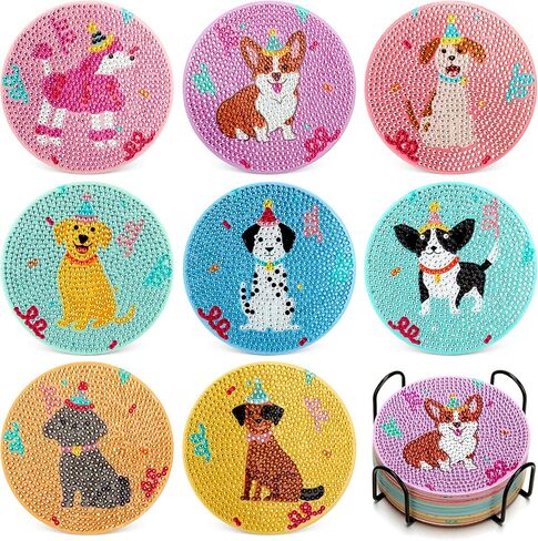 Dog Diamond Art Painting Coasters Kit, 8 Pack Cute Diamond Art Coasters with Holder, Diamond Art Kits for Beginners, Retro Puppy Party Supplies, Puppy Coasters, Gifts for Dog Lovers in Saudi Arabia