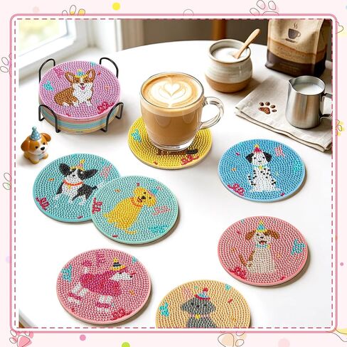 Dog Diamond Art Painting Coasters Kit, 8 Pack Cute Diamond Art Coasters with Holder, Diamond Art Kits for Beginners, Retro Puppy Party Supplies, Puppy Coasters, Gifts for Dog Lovers in Saudi Arabia