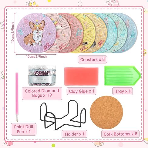 Dog Diamond Art Painting Coasters Kit, 8 Pack Cute Diamond Art Coasters with Holder, Diamond Art Kits for Beginners, Retro Puppy Party Supplies, Puppy Coasters, Gifts for Dog Lovers in Saudi Arabia